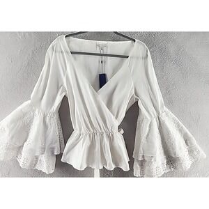 Rebecca Minkoff Blouse Womens Sz L White Crochet Bell Eyelet Lace Sleeve Bell